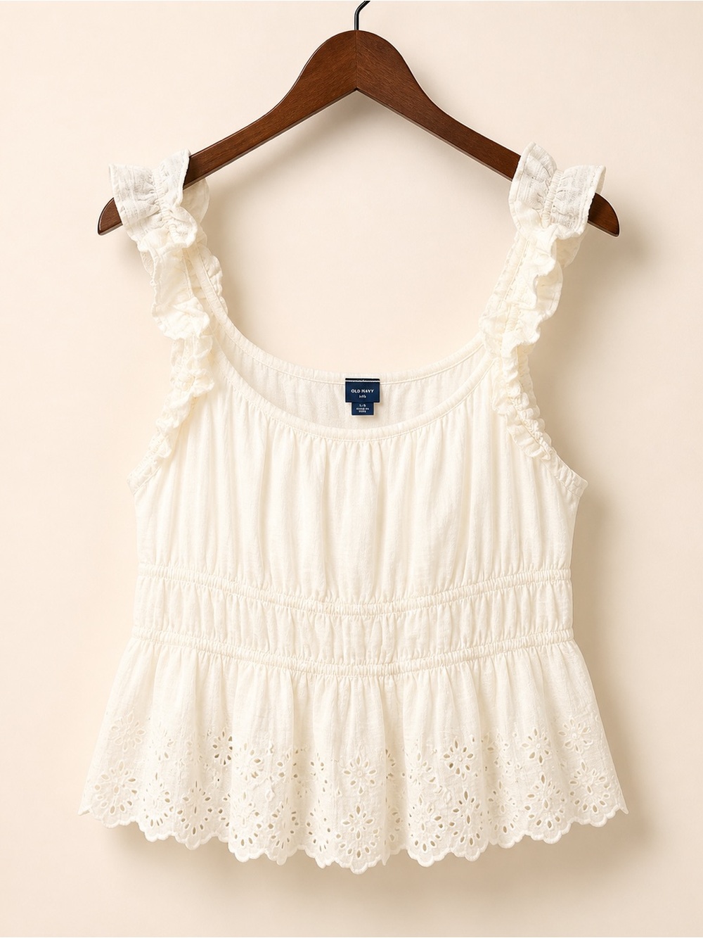 Cottagecore White Eyelet Peplum Tank Ruffle Strap Cotton Blouse L